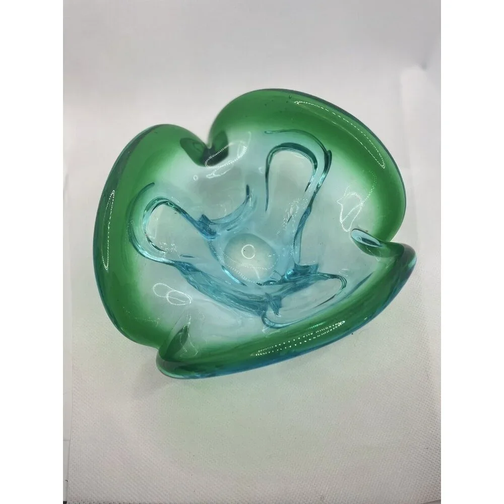 Studio Art Glass Dish Bowl Green Blue Clear Smooth Bottom 8